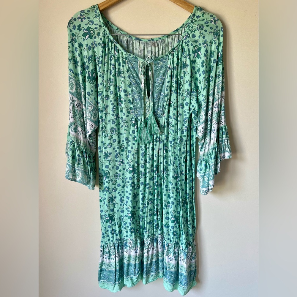 Silk Floral Boho Dress Tiered Bell Sleeves Tassel Tie Mint Green Size XL - Picture 2 of 9